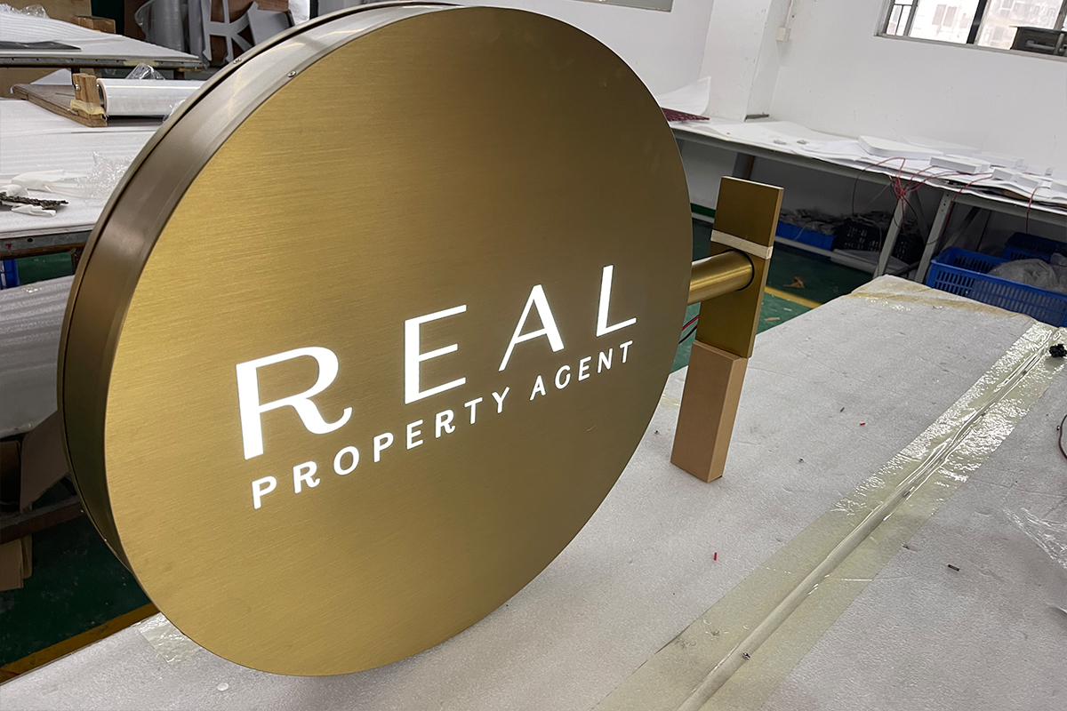 Round Metal Sign LED Gold Light Box with Cut Out Logo