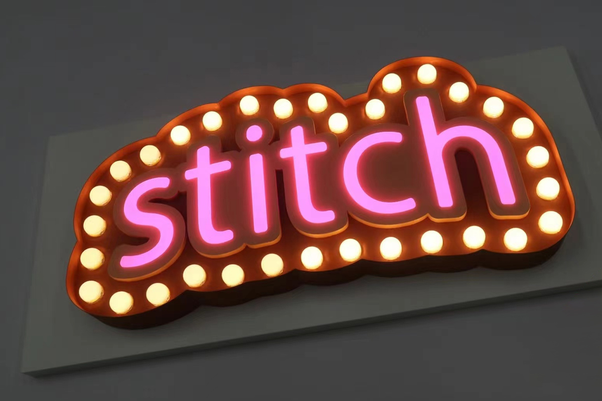 Shop Sign Board with Lighted Bulbs and Neon