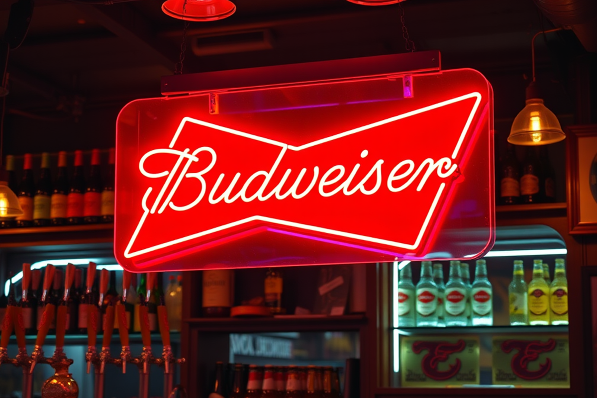 Bright Budweiser neon sign hanging in a vibrant bar